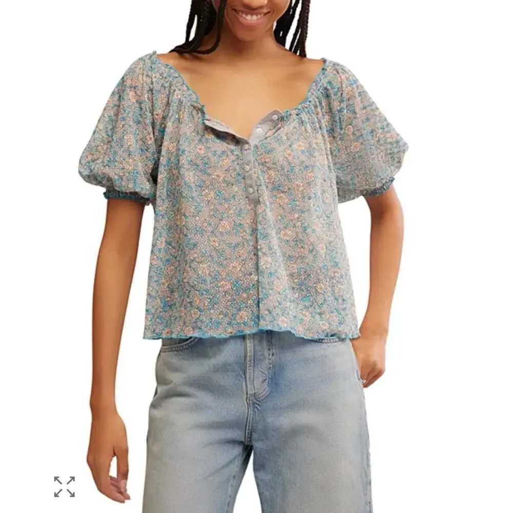 NWT FREE PEOPLE Women’s Astra Floral Print Mesh Peasant Top Medium - Picture 2 of 7